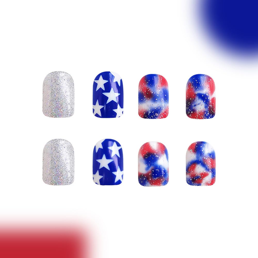 4th of July Press On Nails Extra Short Square,YEFIUO White Blue Smudge Fake Nails Press ons Nail Art Tip Acrylic Nail Kit Glue on Nails Full Cover False Nails with Silver Glitter Design for Ma'am