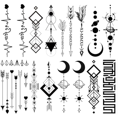 8 Sheets Arm Temporary Tattoos Arrow Heartbeat Moon Sun Square Triangle Totem Symbol