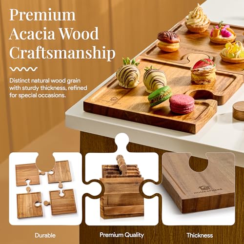 Homesphere Wooden Charcuterie Boards Set of 4 with Interlocking Puzzle Design and Handle - Acacia Cheese & Appetizer Trays for Parties & Gifts