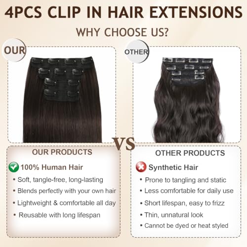 Dark Brown 16 Inch Remy Human Hair Clip-In Extensions - Natural Thick & Seamless, 4PCS