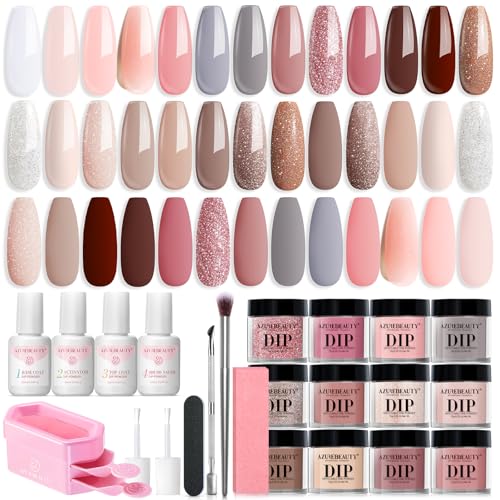 Dip Powder Nail Kit with 20 Colors & Accessories - Nude Pink Glitter Auburn Variation
