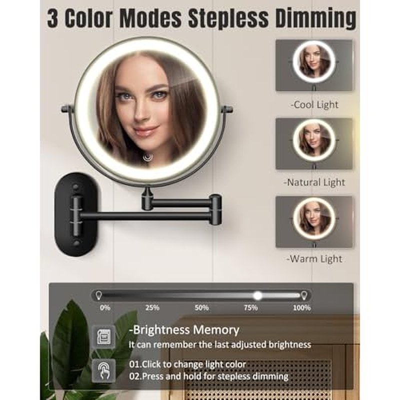 30X/1X Wall Mounted Lighted Makeup Mirror, 8'' Double Sided Rechargeable Magnifying Bathroom Mirror with Light, 3 Color Lights Touch Dimmable Extended Arm 360 Rotation Light up Mirrors
