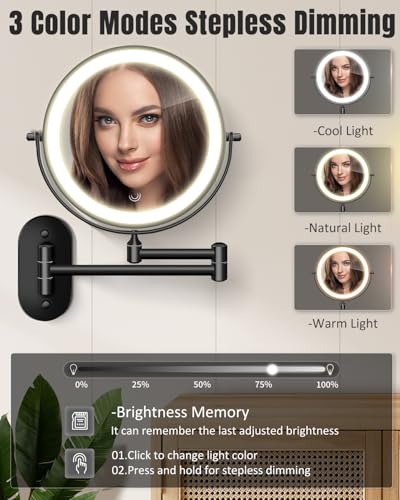VFD 8-Inch Black Wall Mounted Lighted Magnifying Makeup Mirror with 30X/1X Dual Sides