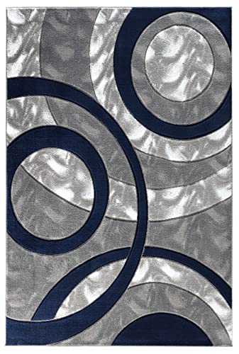 Navy Modern Area Rug 5x7 Circles Geometric Fluffy Hand Carved Floor Carpet