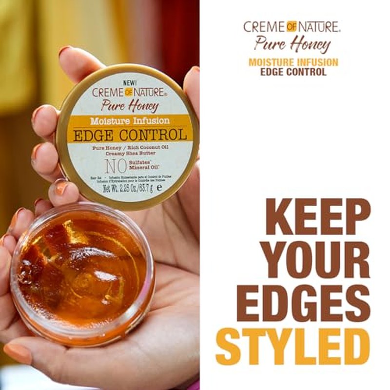 Creme of Nature Pure Honey Moisture Infusion Edge Control, 24-Hour Hold for Sleek Styles, Non-Flaking, Non-Greasy Formula with Coconut Oil & Shea Butter, 2.25 oz