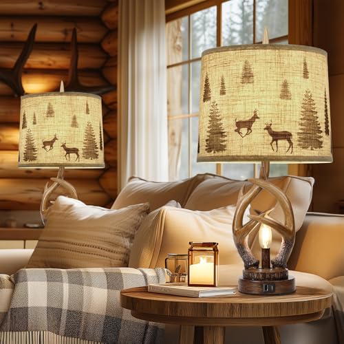 Rustic Farmhouse Antler Table Lamp Set of 2 with Night Light - Brown