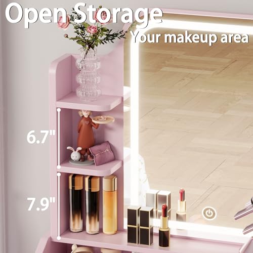 Small Lighted Vanity Desk with Mirror, Storage Stool & Charging Station