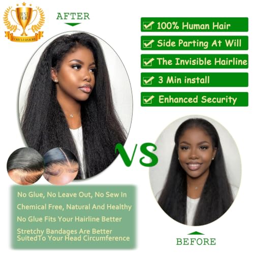 Nature 18 Inch V Part Human Hair Wig Kinky Straight Glueless Half Wigs for Black Women