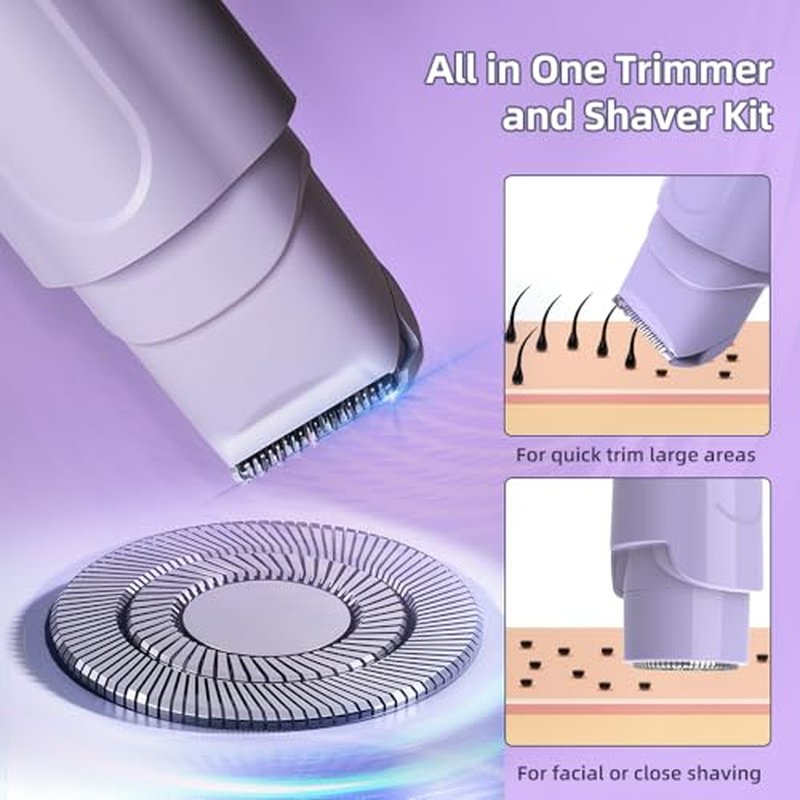 2 in 1 Women's Electric Shaver, Dual Head Bikini Hair Trimmer, IPX6 Waterproof, Wet & Dry, Bikini Underarm Leg Arm Body Facial Epilator, (Purple)
