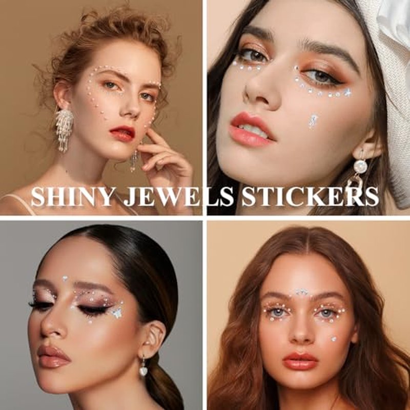 4 Sheets Face Gems Stickers, Self-Adhesive Face Jewels Diamonds Rhinestones for Makeup, Eyes, Nail Pearls Star Temporary Decoration Tattoos