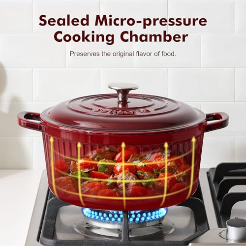 Enamel Cast Iron Dutch Oven Pot with Lid & Cotton Potholders - Burgundy Red, 6.5 Qt