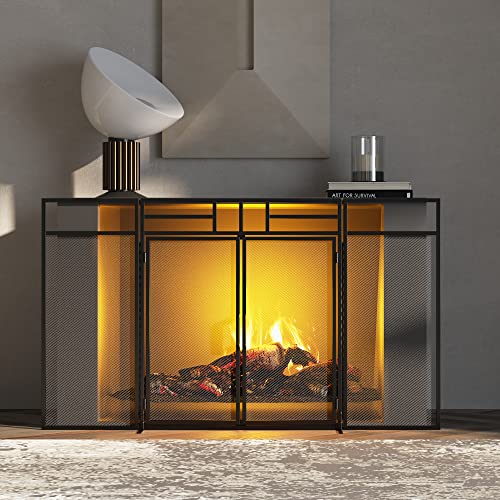 Magnetic Fireplace Screen 3-Panel Wrought Iron Spark Guard for Indoor Use