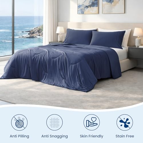 Queen Size Cooling Comforter - Reversible Lightweight Summer Blanket for Hot Sleepers - Dark Blue 90x90