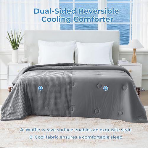Dark Gray King Size Cooling Comforter Reversible Waffle Weave Bed Blanket