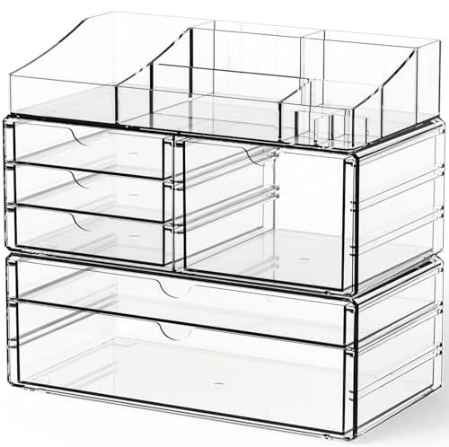 Yieach 6-Drawer Clear Makeup Organizer for Vanity and Counter - Stackable Cosmetic Storage