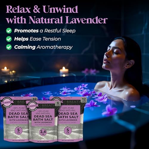 Dead Sea Salt with Lavender 80oz - Bath Soak & Body Scrub for Relaxation - Aromasong