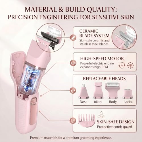 Pink 5-in-1 Women's Electric Bikini Trimmer & Razor Waterproof USB Rechargeable