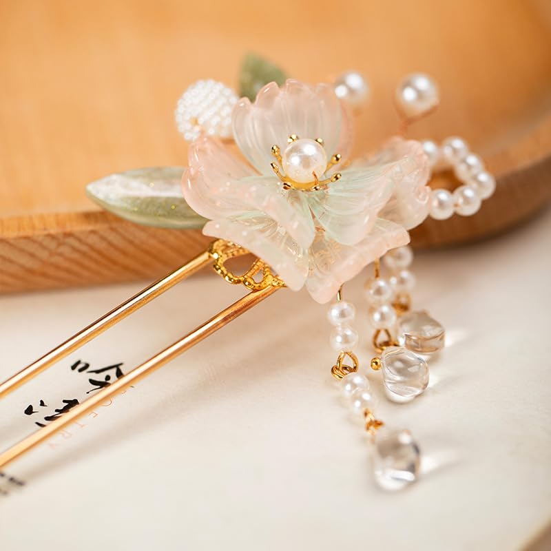 Rainbow Pink Chrysanthemum Pearl Tassel Hair Clip - Hanfu Accessories for Women & Girls - Rainbow Flower Variation