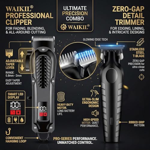 WAIKIL Cordless Hair Clippers for Men,Professional Barber Set with T Outliner Trimmer and Foil Shaver,LCD Display,Rechargeable Beard Trimmer Grooming Kit