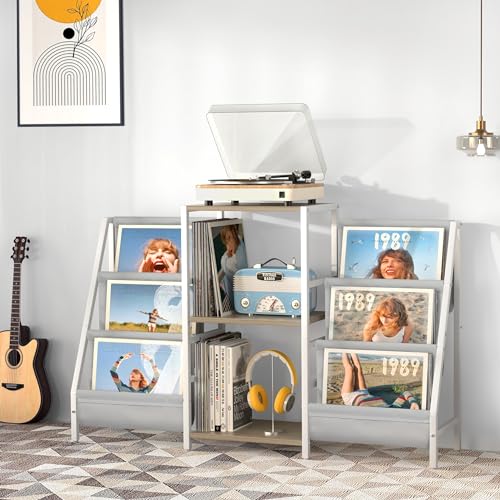 Tewinko Record Player Stand with Vinyl Storage - Two-Side White & Grey