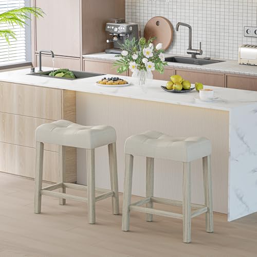 Beige Saddle Bar Stools Set of 2 - Counter Height Farmhouse Seating