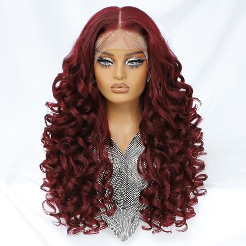 Felek 24 Inch Burgundy Synthetic Lace Front Wig 13x6 HD Transparent Lace Curly Style Variation of THIS listing