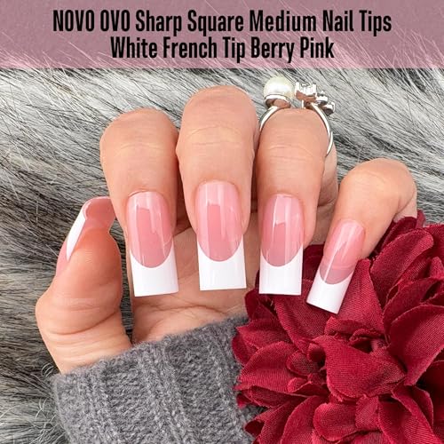 NOVO OVO Sharp Square White French Tip Nail Tips Berry Pink Set – Medium, 15 Sizes, Thick Soft Gel Fake Nails for Salon & DIY