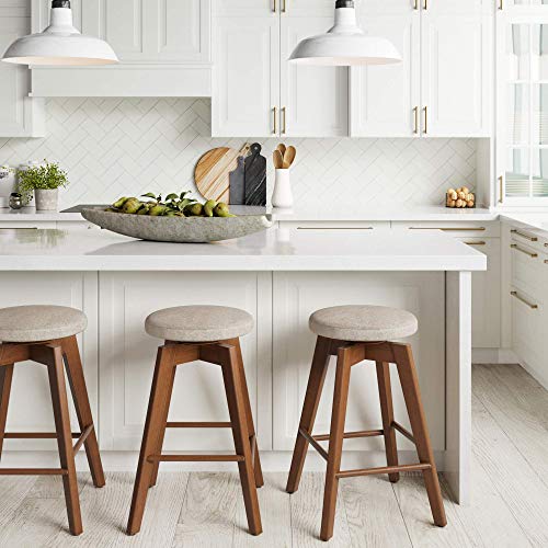 Counter Height Backless Kitchen Bar Stool - Solid Wood, 360 Swivel, Medium Brown / Beige