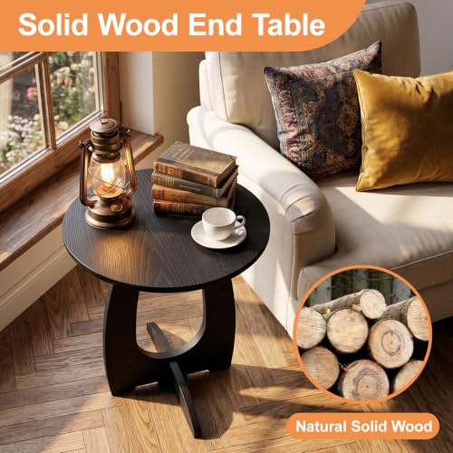 Solid Wood Round End Table - Black Mid-Century Modern Side Table