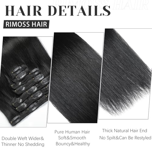 Clip in Hair Extensions Real Human Hair - 140g 7pcs Natural Black 16 Inch