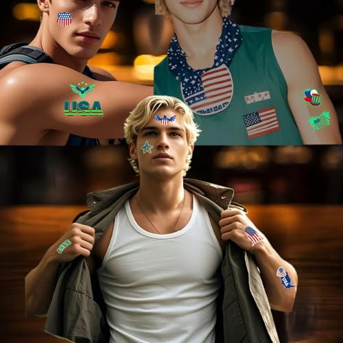 80PCS Luminous Temporary Tattoos,American Flag Red White and Blue Decor, Fourth of July,USA Party Favors,Memorial Day,Independence Day,Labor Day Decorations Glow Party Supplies