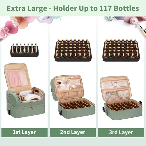 Extra Large Nail Polish Organizer Holds 117 Bottles - Three Layer Nail Organizers And Storage Bag, Portable Nail Supplies Organizer Case, Nail Tech Kit Travel Carrying Box with Shoulder Strap