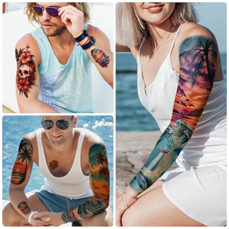 48 Sheets Full Arm Temporary Tattoos for Adults - Waterproof Tropical Summer Beach Party Fake Tattoo Stickers - Hawaiian Floral Palm Sunset Designs for Women Men