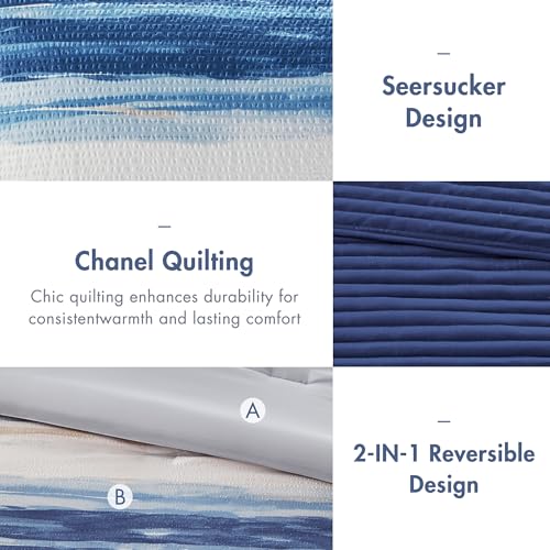 King Marina Coastal Stripes Blue Comforter Set - 8PC Microfiber Bedding