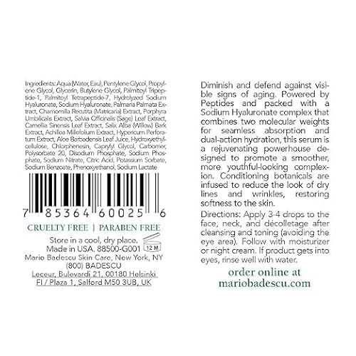 Mario Badescu Super Peptide Serum for Face, Reduces the Look of Fine Lines & Wrinkles, Skincare with Sodium Hyaluronate & Peptides, Hydrating, Anti Aging Facial Serum for All Skin Types, 1 Fl Oz