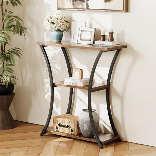 Rustic Brown 3-Tier Console Table with Open Shelves - Narrow Entryway Sofa Foyer