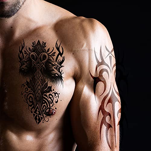 Temporary Tattoos AWLEE Waterproof Viking Tribal Totem - Long Lasting Fake tattoo for Men and Women 10 Sheets