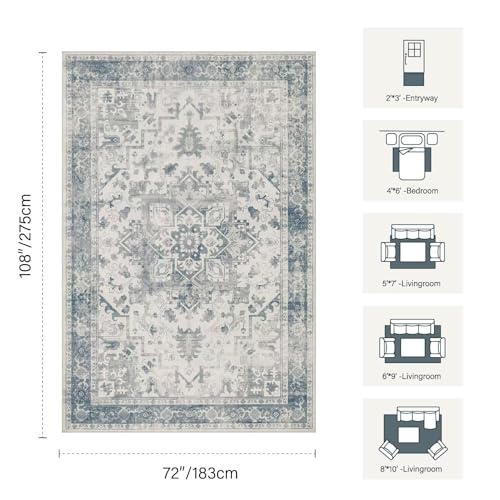 Washable 6x9 Boho Vintage Area Rug - Light Blue & Grey, Non-Slip, Low-Pile