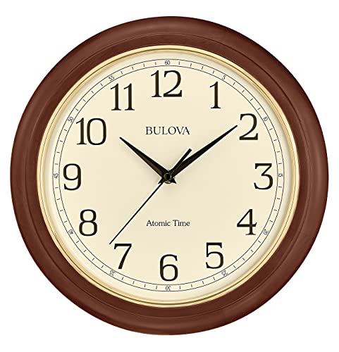 Large Atomic Time Wall Clock 12.4 Inch Wooden Frame Auto-Set Quartz