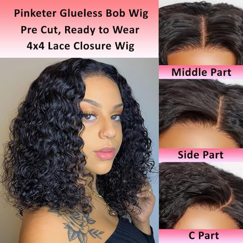 Pinketer 12 Inch Deep Wave Glueless Human Hair Bob Wig - Pre Plucked & Pre Cut, Pinketer Glueless Bob Wig