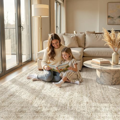 Beige Brown 8x10 Abstract Distressed Washable Area Rug for Living Room