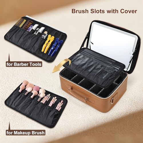 Faquenc Brown Large Makeup Train Case with LED Mirror, Travel Organizer