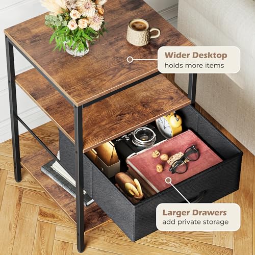 Nightstand with Charging Station L - Rustic Brown & Black, 15.7”D x 17.7”W x 27.7”H