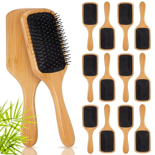 12Pcs Bamboo Hair Brushes Set with Black Bristles - Natural Wooden Paddle for Detangling & Scalp Massage (9.65'' x 3.35'')