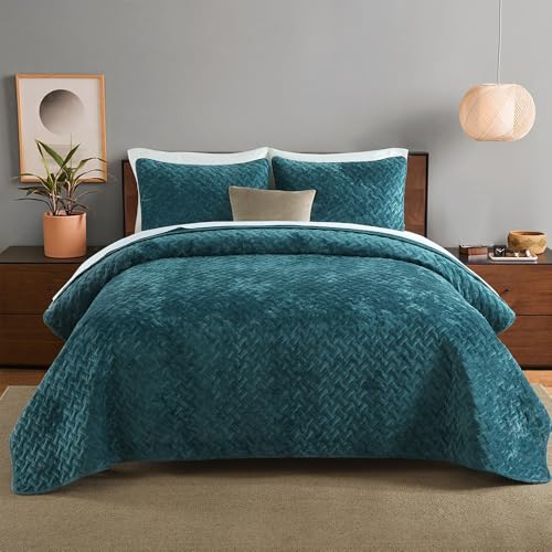 Velvet Bedspread Quilt Coverlet Bedding Set - Teal Queen Size (90x98 inches)