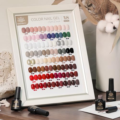 BORN PRETTY 52Pcs Fall Winter Gel Nail Polish Set,48 Colos Burgundy Red Green Snowflake White Khaki Chocolate Brown Gold Silver Sparkle Gel Polish with Glossy Matte Glitter Base Top Coat Gift for Girl