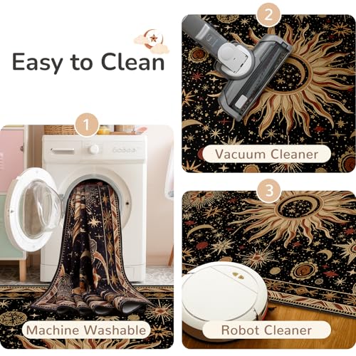6x9 Black Gold Beige Red Washable Area Rug - Sun Moon Pattern, Vacuum-Friendly