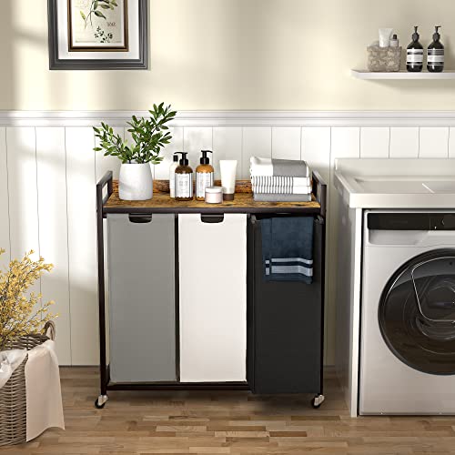 Laundry Hamper with 3 Removable Bags and Shelf - Rustic Brown, 60L Capacity, Movable Wheels - 3 Bag Set