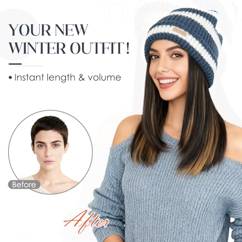 Winter Knit Beanie Wig Hat with Synthetic Hair - Black & White Variation - 11"