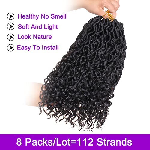 ZRQ 8 Pack Boho Faux Locs Crochet Hair 14 Inch Goddess Locs with Curly Ends, Pre Looped River Locs, Soft Synthetic Extensions, 1B#